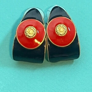 Monet Vintage Earrings in  Red and Navy Blue Enamel  Gold Tone Accent Color